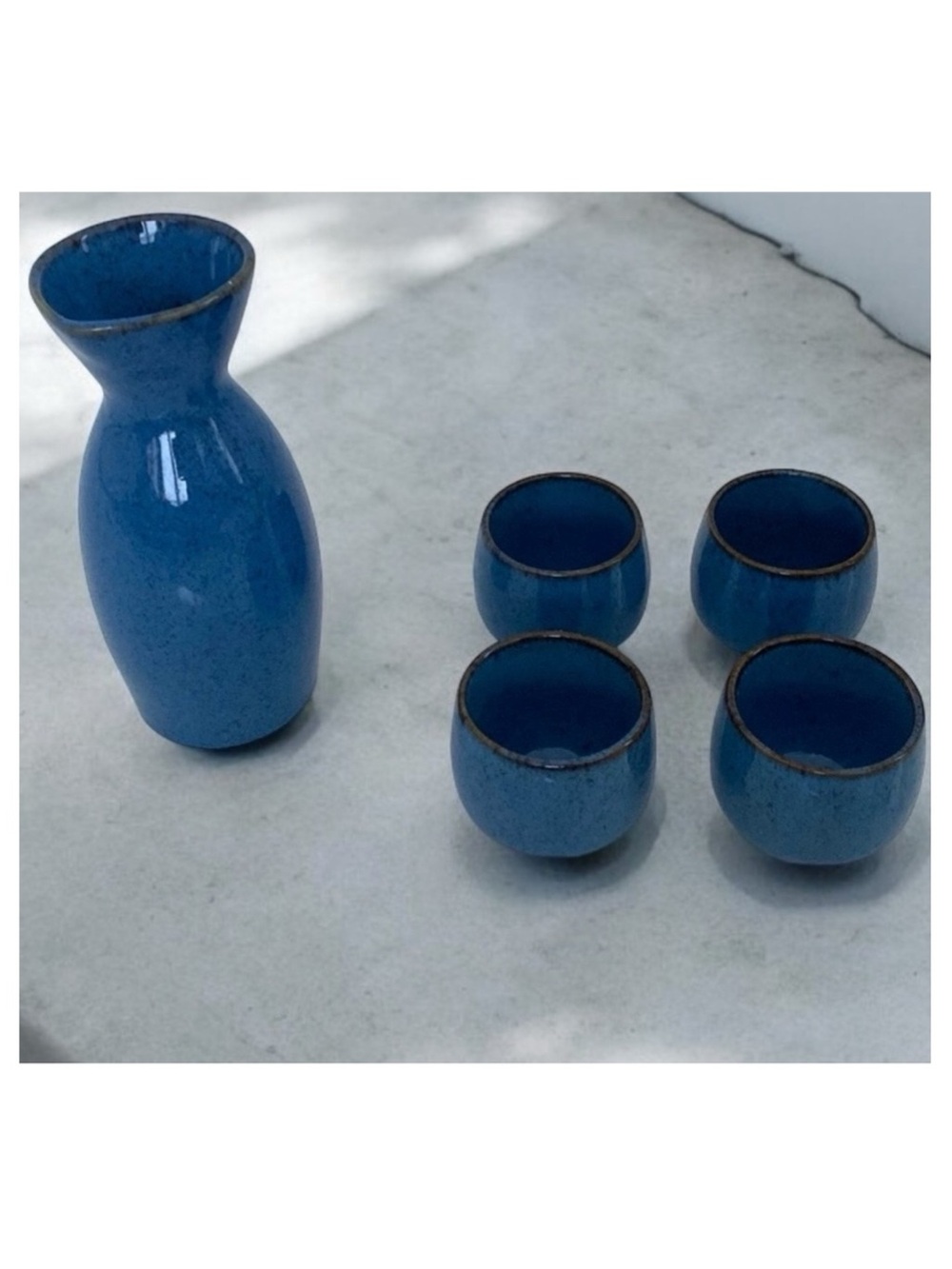 BIA Sake 5 Piece Blue Brown Trim Ceramic Set